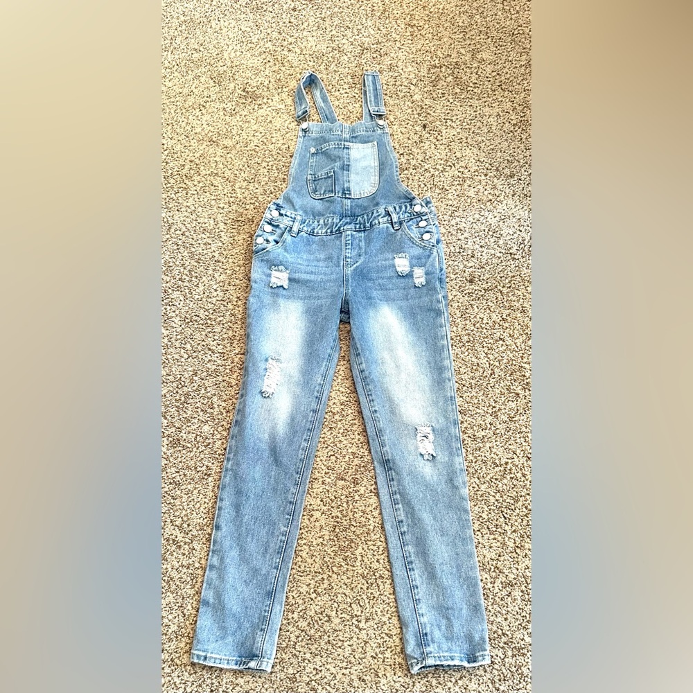 Chelsea & Violet Girls Denim Distressed Button Up Overalls Size Large